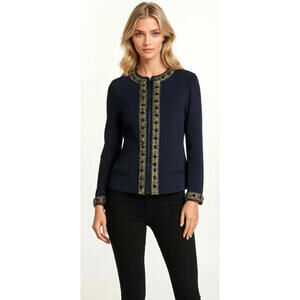 Chanel  Vintage Navy Wool Jacket Blazer With Sequin Trim FR 38 Medium